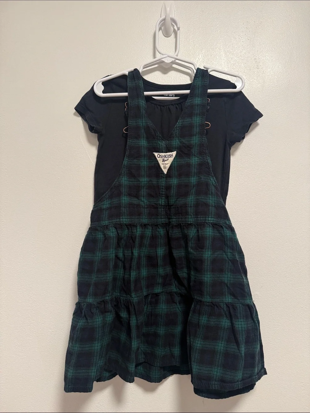OshKosh B'gosh Dark Green and Black Plaid Overall Dress